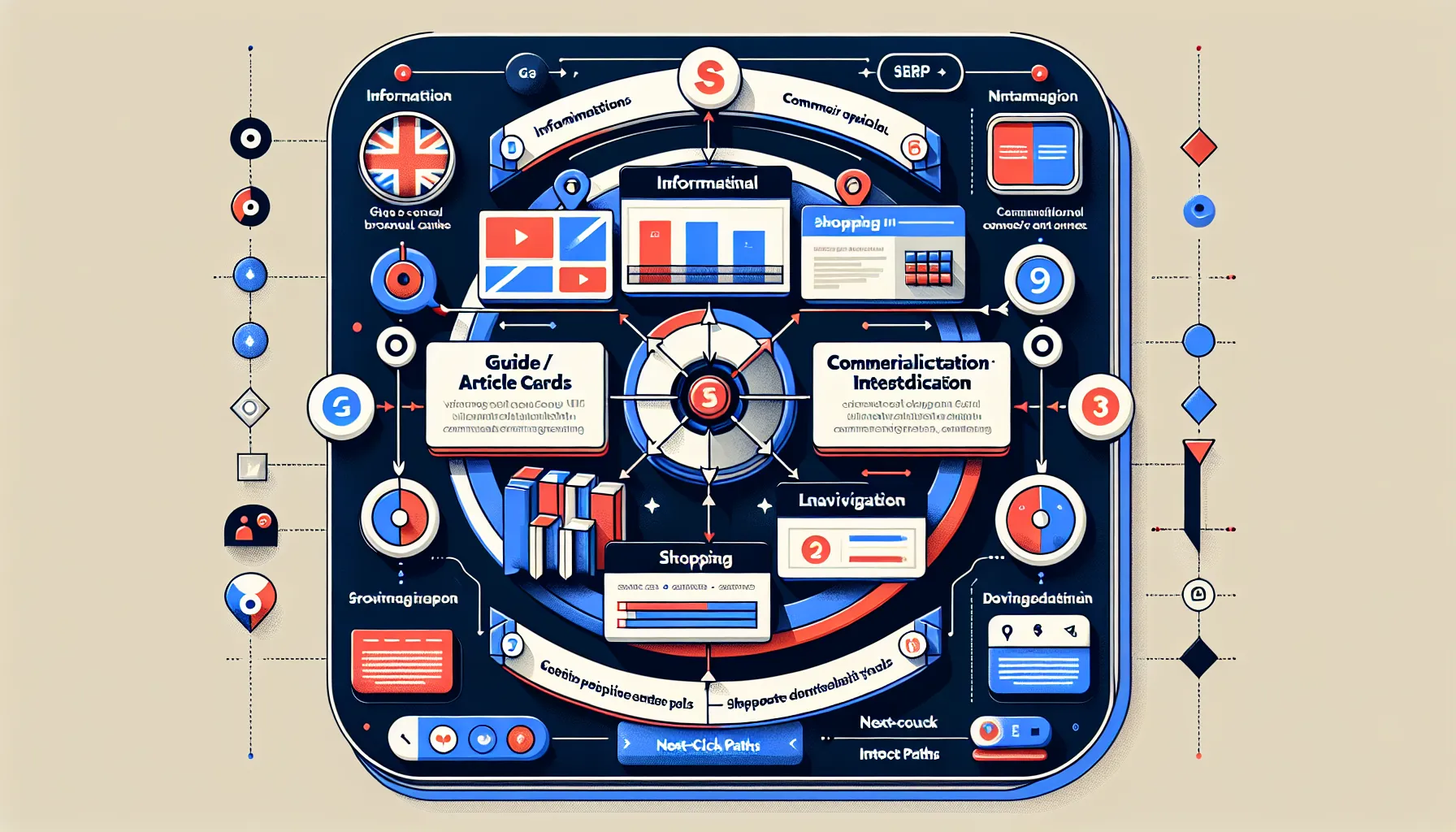 UK-themed infographic showing SERP intent types, prioritisation, and next-click paths.