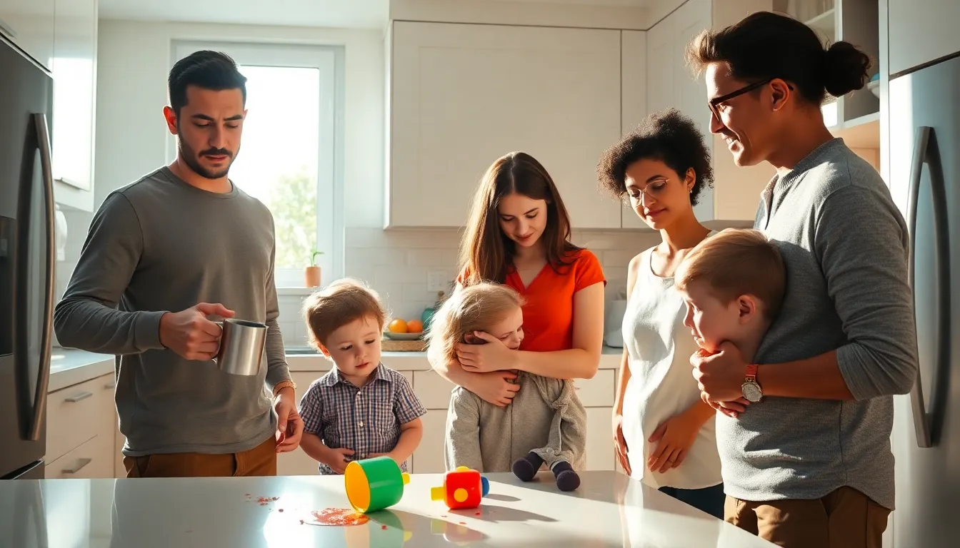parents in a modern kitchen handling common parenting challenges.