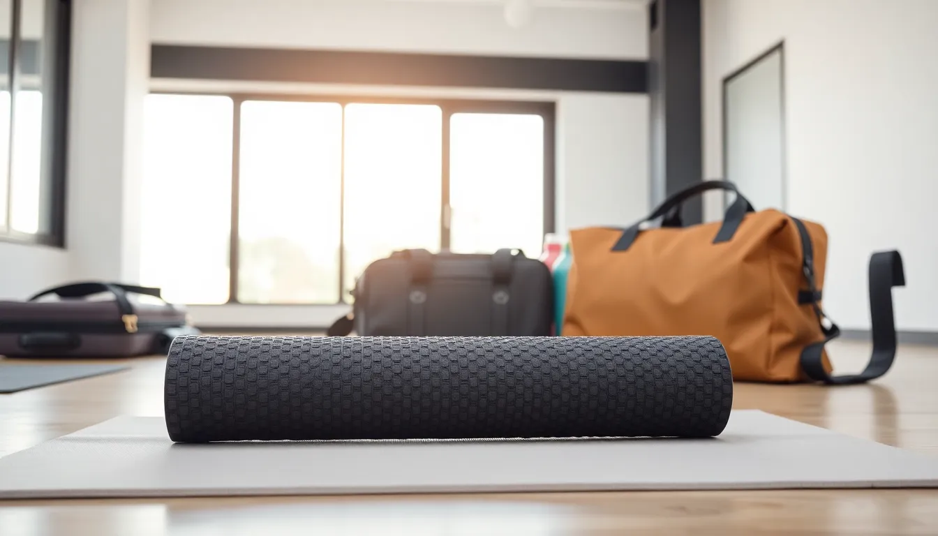 travel foam roller on a gym mat next to a suitcase and gym bag.