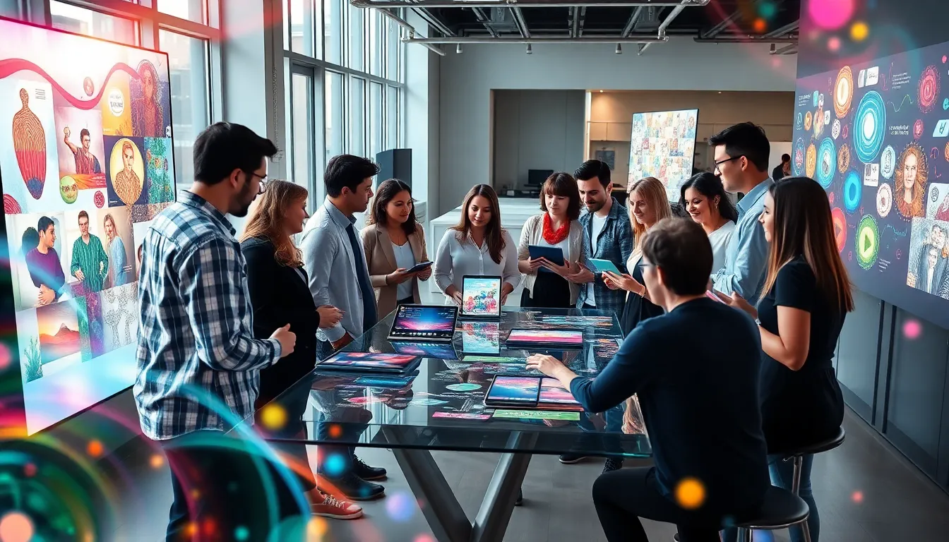 diverse group collaborating in a vibrant digital community setting.