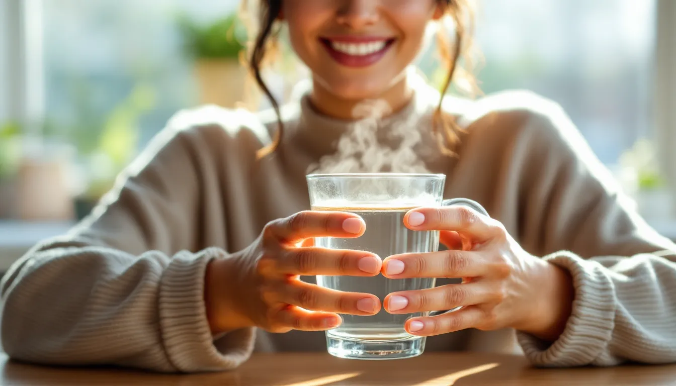 Woman sipping warm water with ginger in a sunlit morning kitchen.