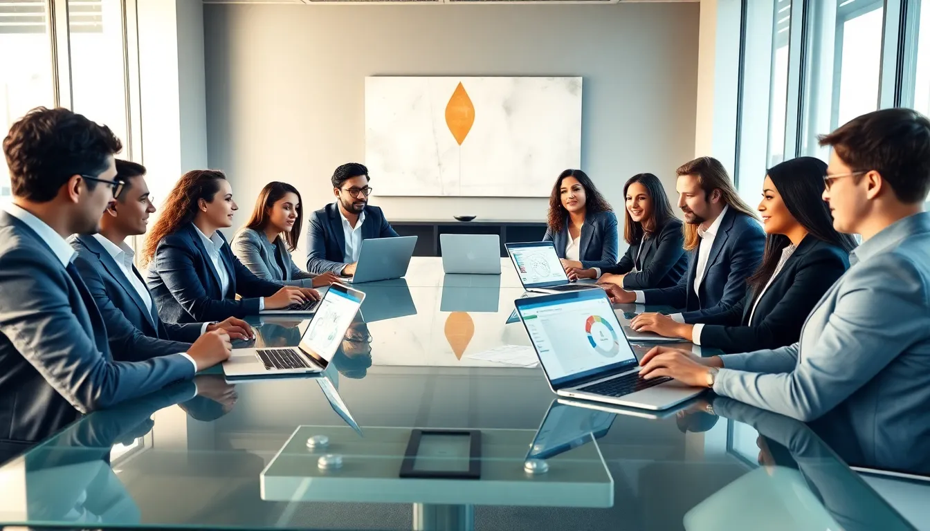 diverse professionals collaborating in a modern office on custom SaaS development.