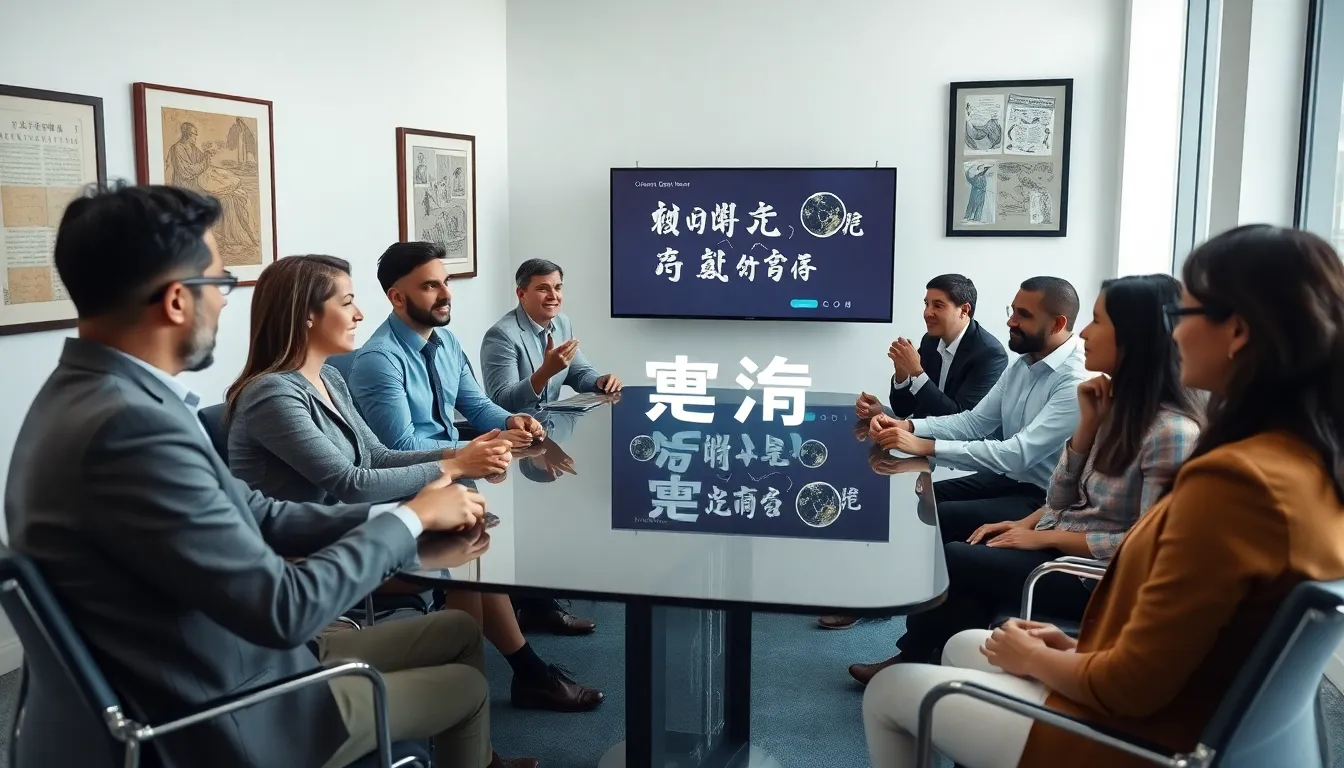 Professionals discussing νιουστ in a modern conference room.