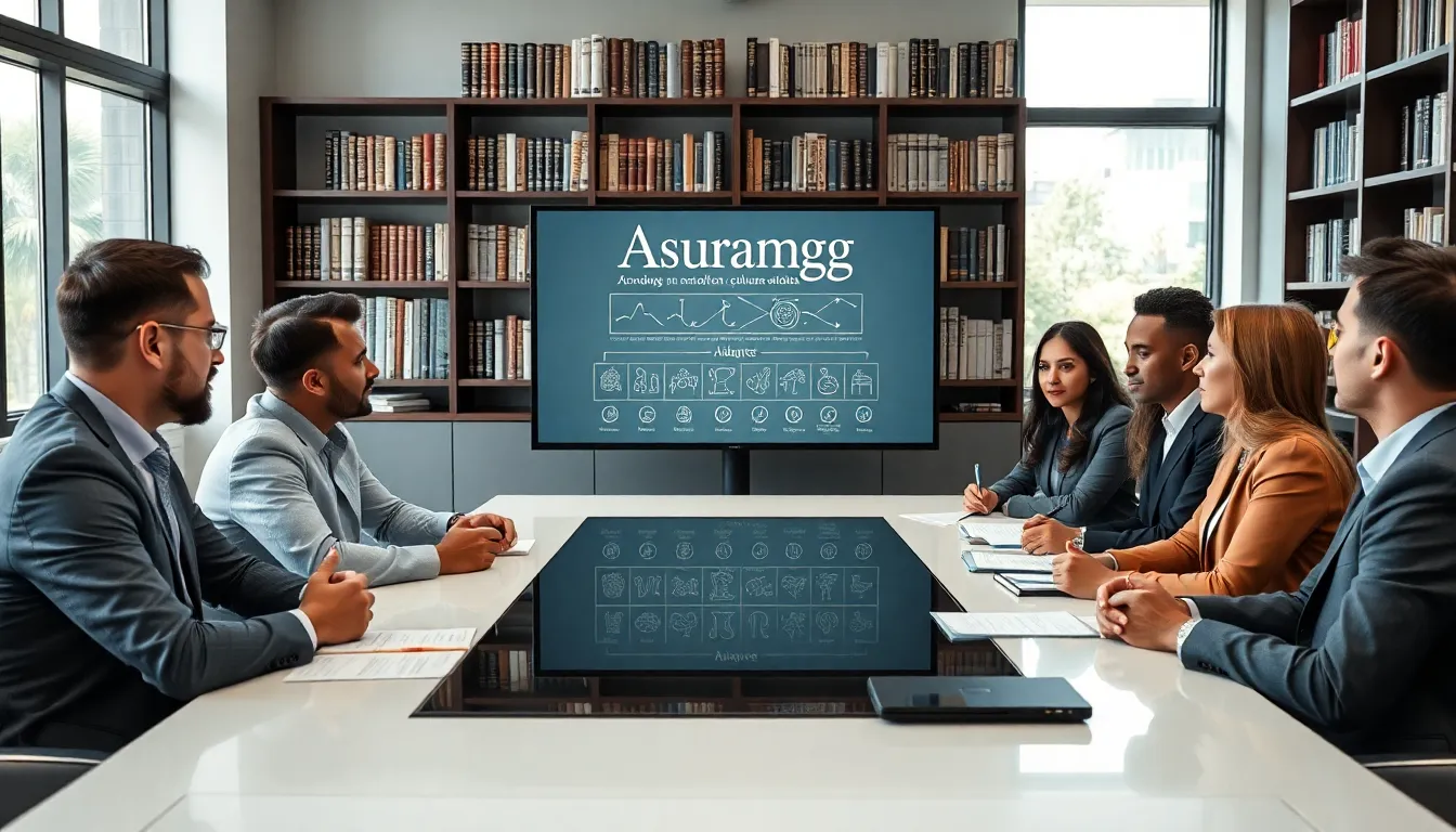 diverse team discussing the meaning of Asuramgg in a modern office.