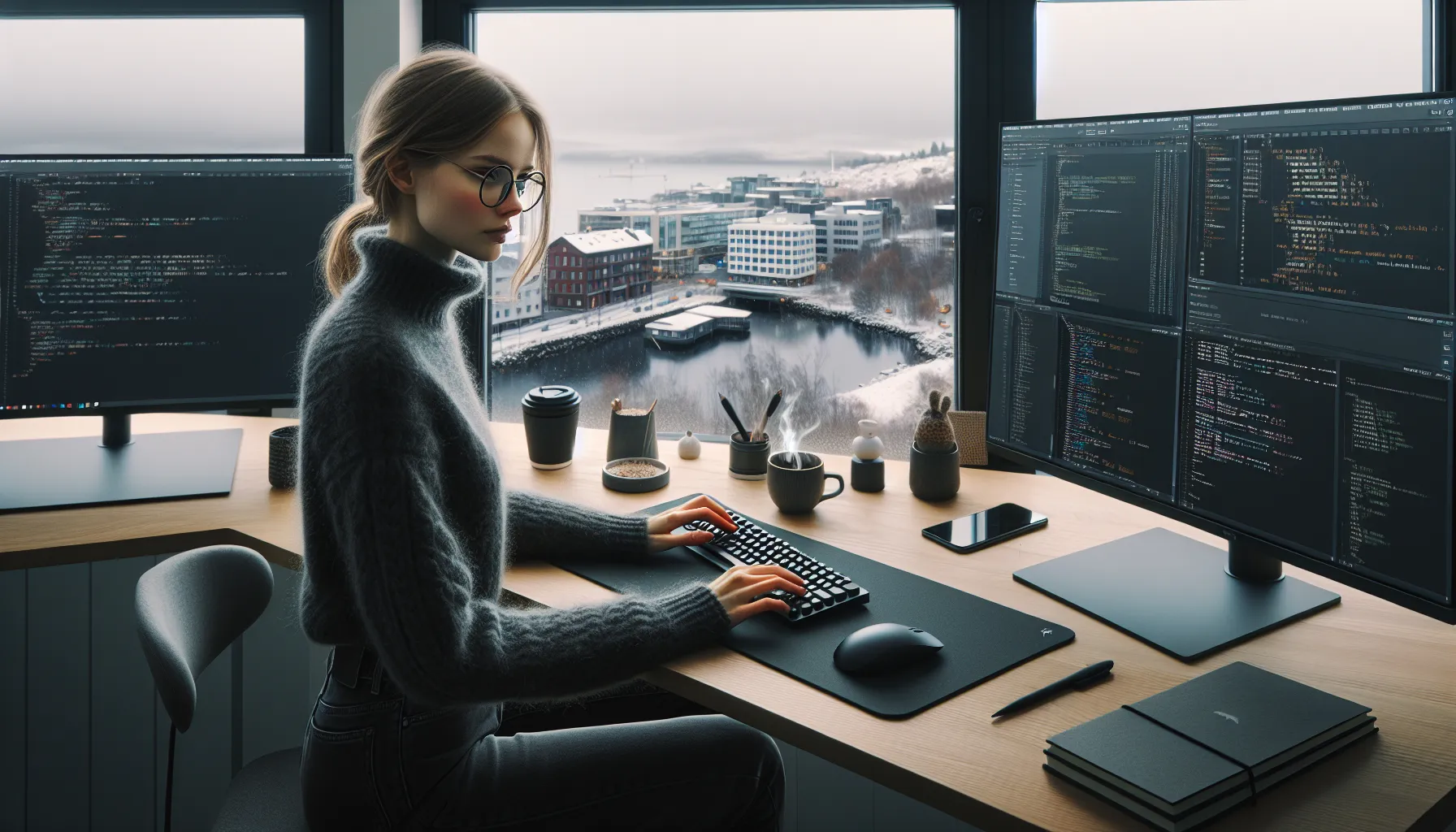 Norwegian AI engineer coding Python with ML tools in a bright Oslo office.