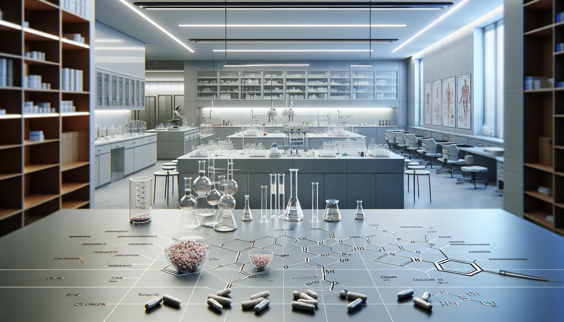 Illustration comparing mechanisms of ibuprofen and acetaminophen on a laboratory backdrop.
