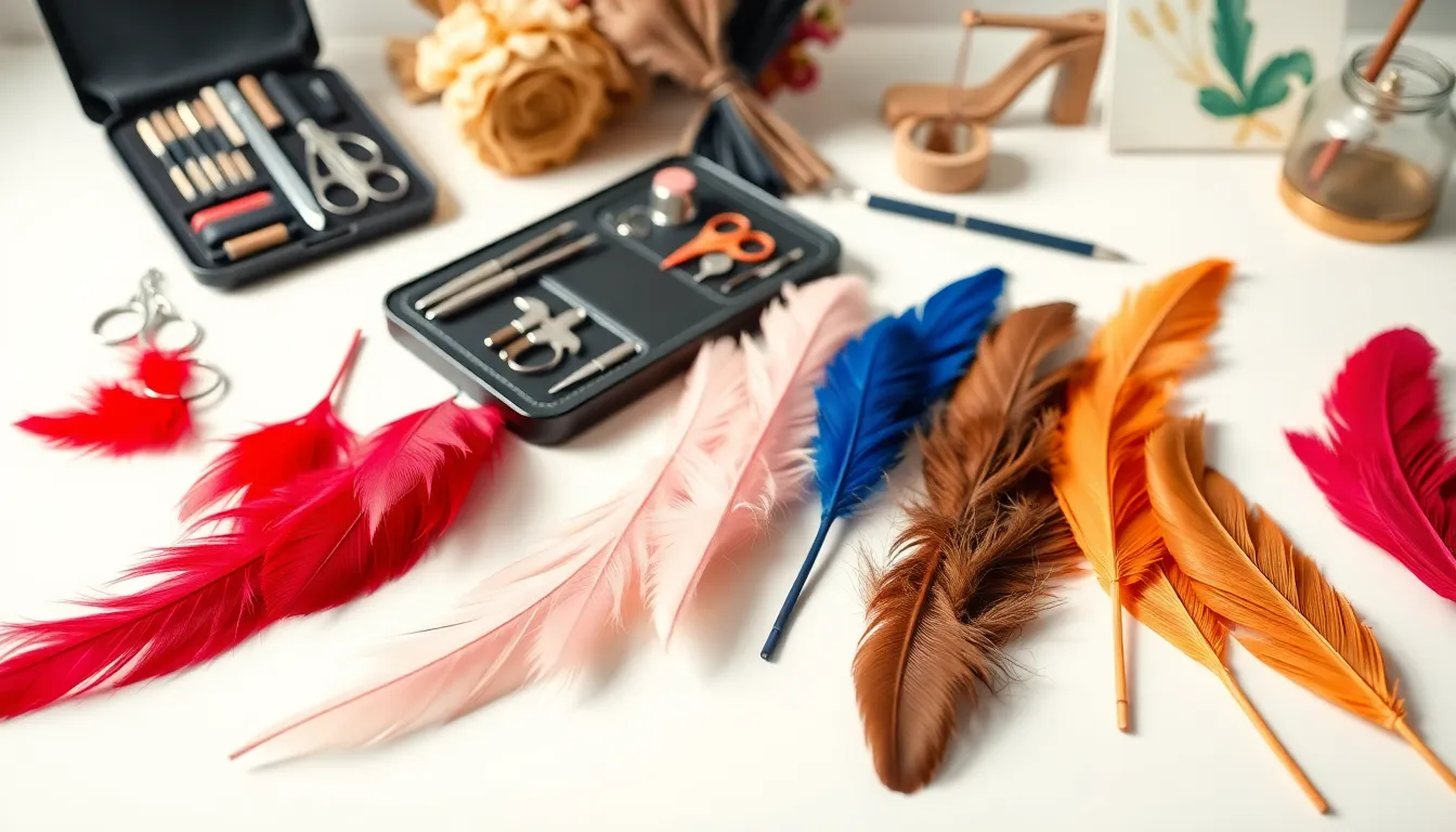 Colorful short feathers arranged artistically on a clean workspace.