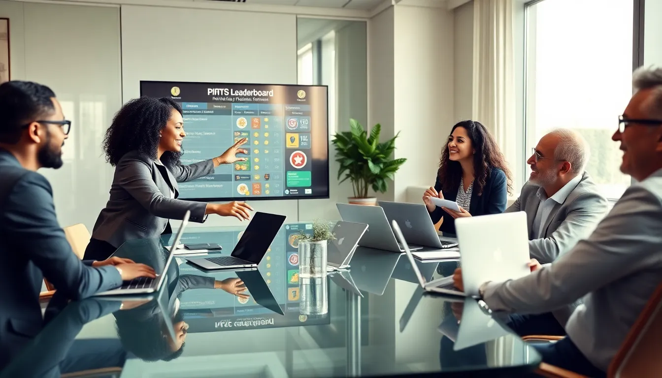 diverse team collaborating in a modern office using gamification elements.