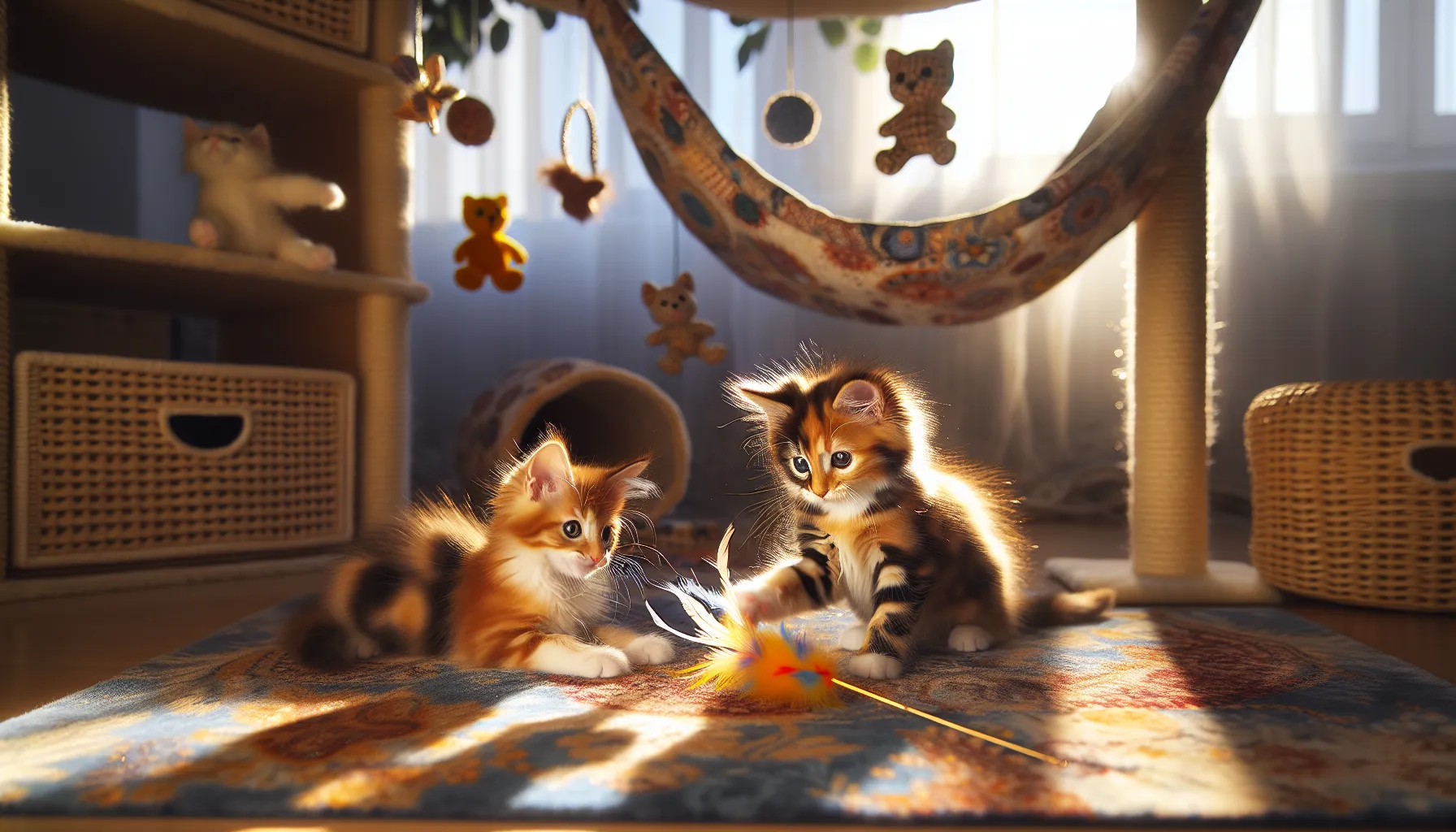 a male kitten playing energetically with a female kitten in a sunlit room.