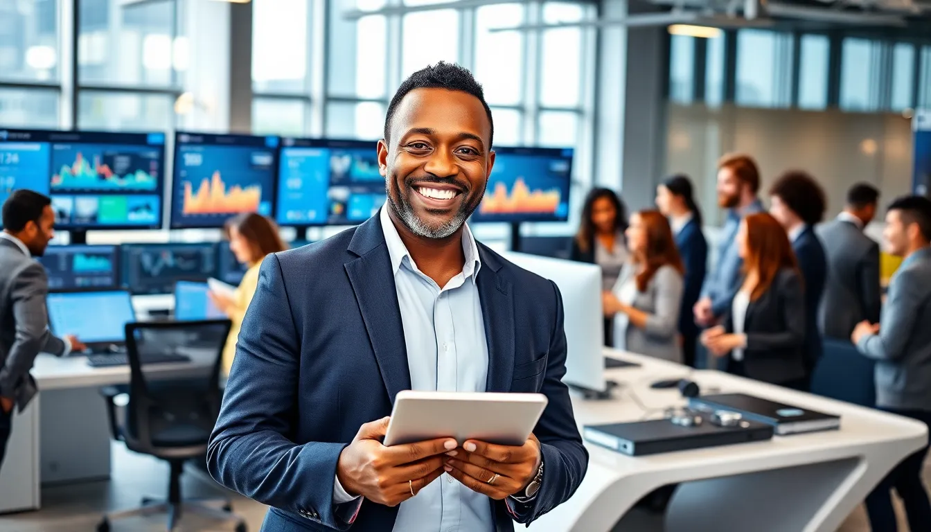 Timothy Williams leading a team in a modern real estate office.