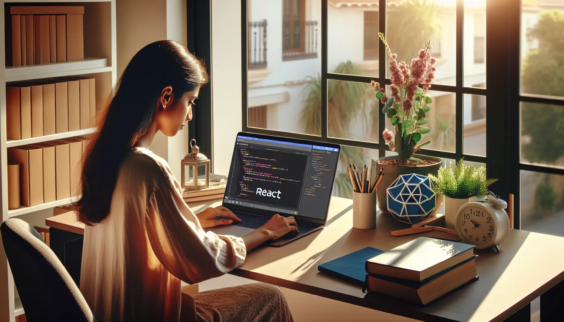 A developer coding on a laptop with a React interface displayed.