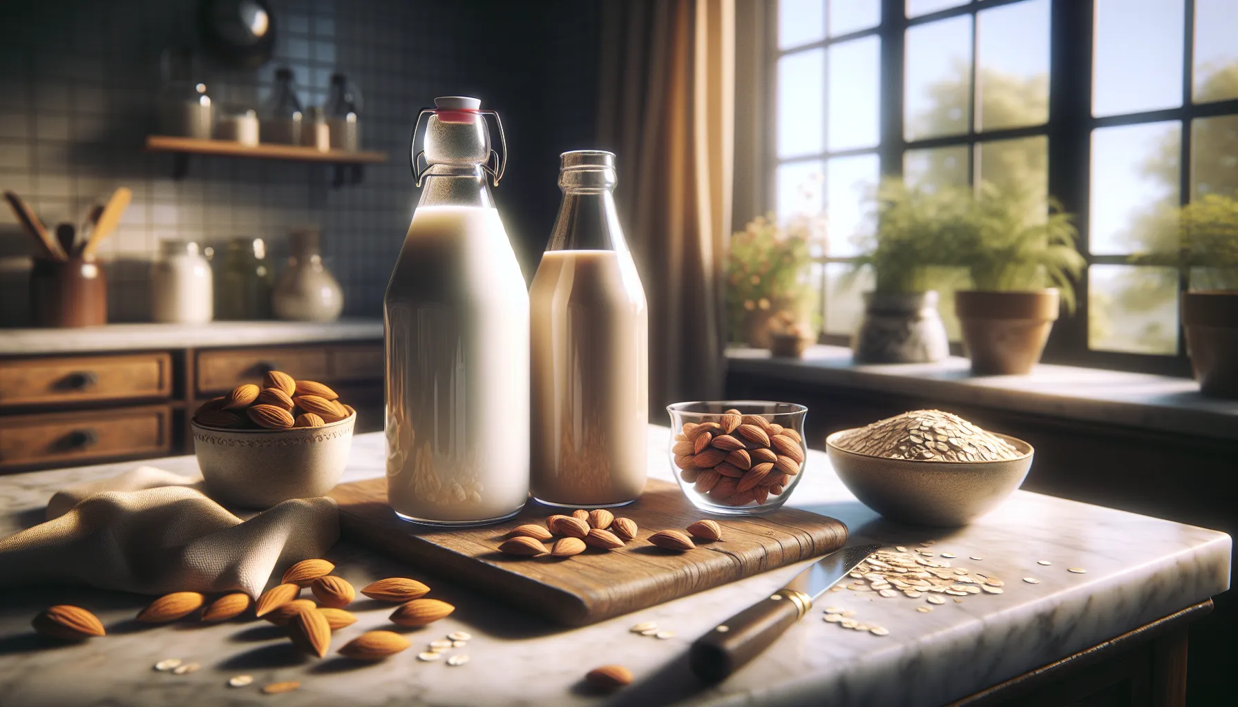glass bottles of almond and oat milk on a kitchen countertop.