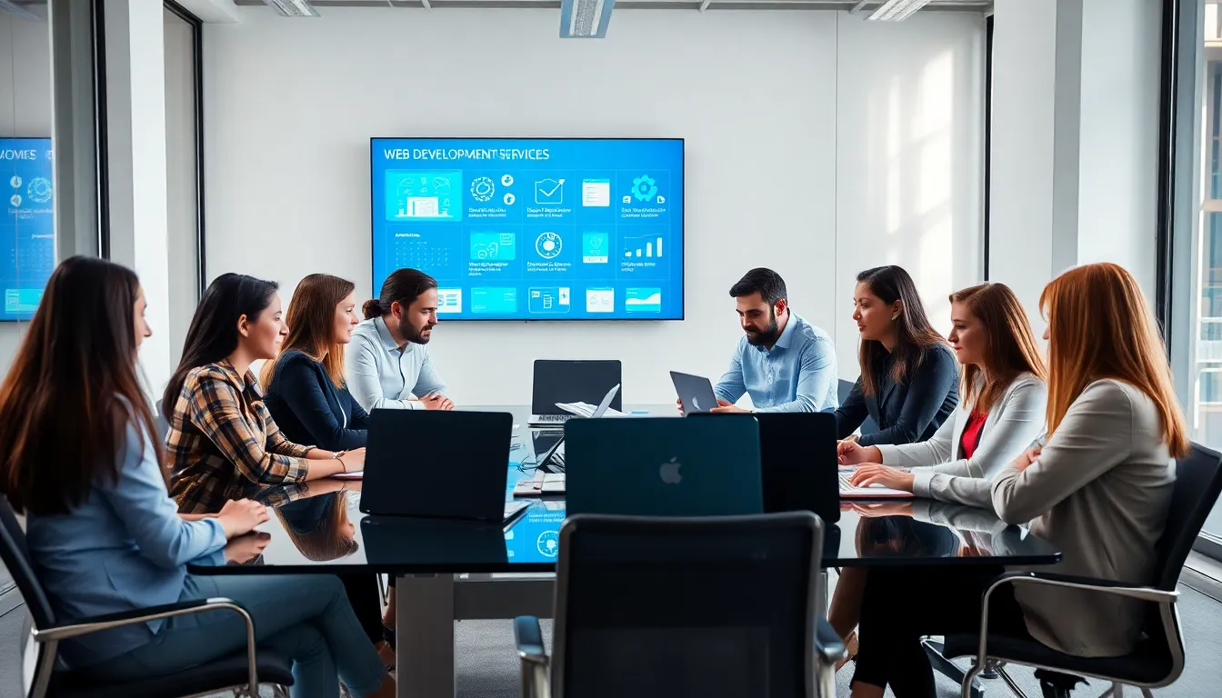 diverse team collaborating in a modern office on web development services.