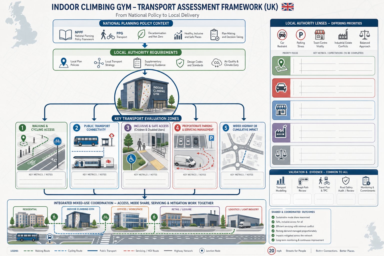 UK planning infographic for climbing gym transport access, parking, servicing, and policy checks.