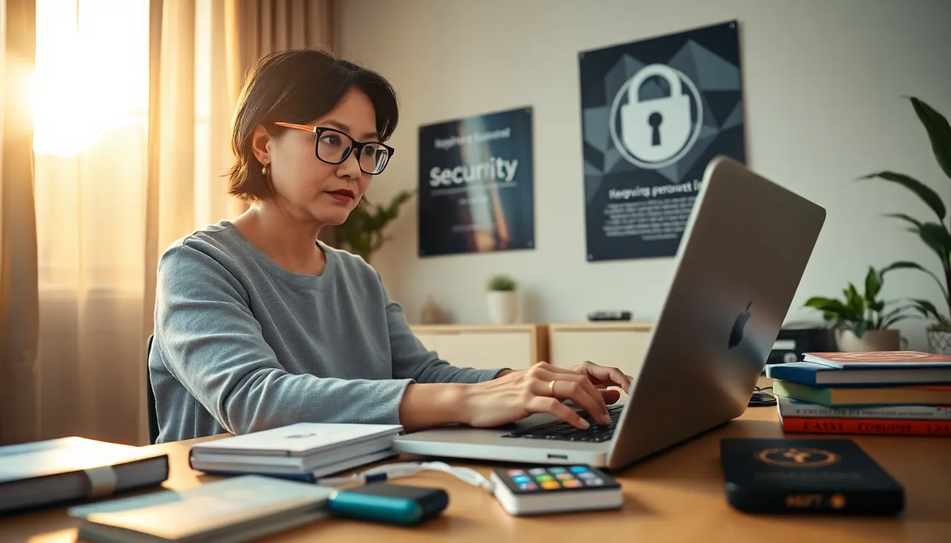 a woman working securely on her laptop in a bright home office.