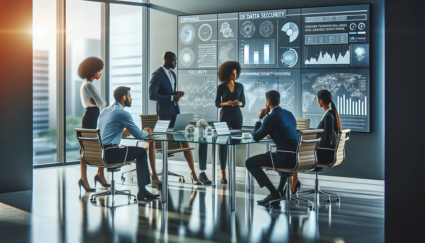 diverse team discussing data security in a modern office.