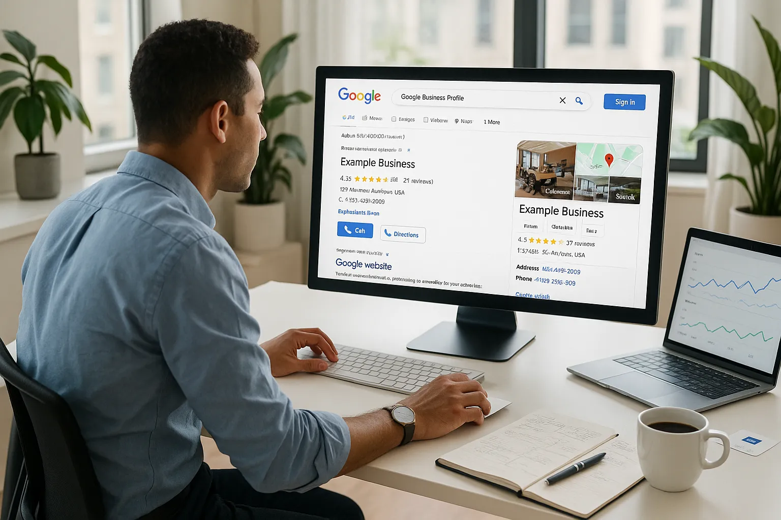 Professional optimizing a Google Business Profile on a desktop computer in a modern office.
