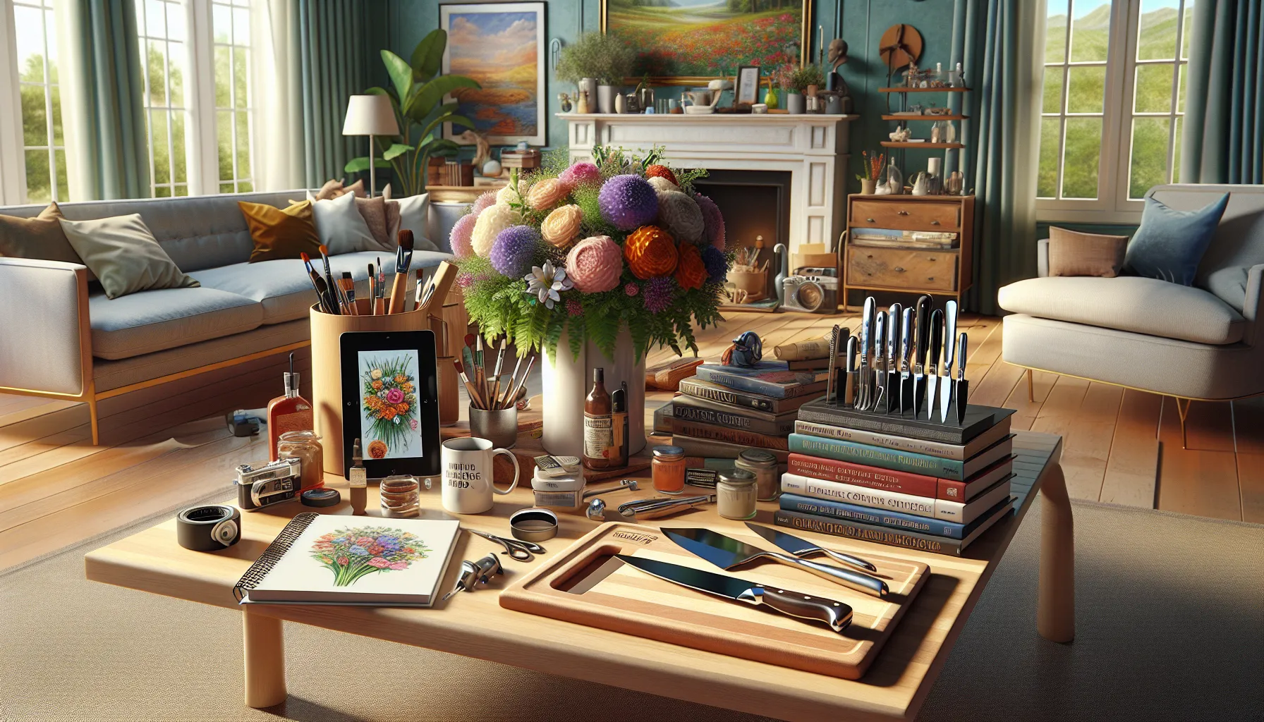 various Father's Day gifts for different hobbies on a coffee table.