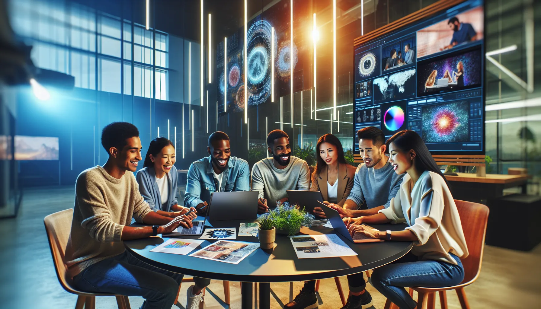 diverse team collaborating on creative projects in a modern workspace.