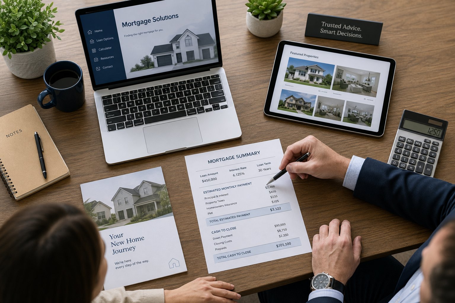 Top-down view of a commercial mortgage consultation desk with paperwork, laptop, and financial discussion.