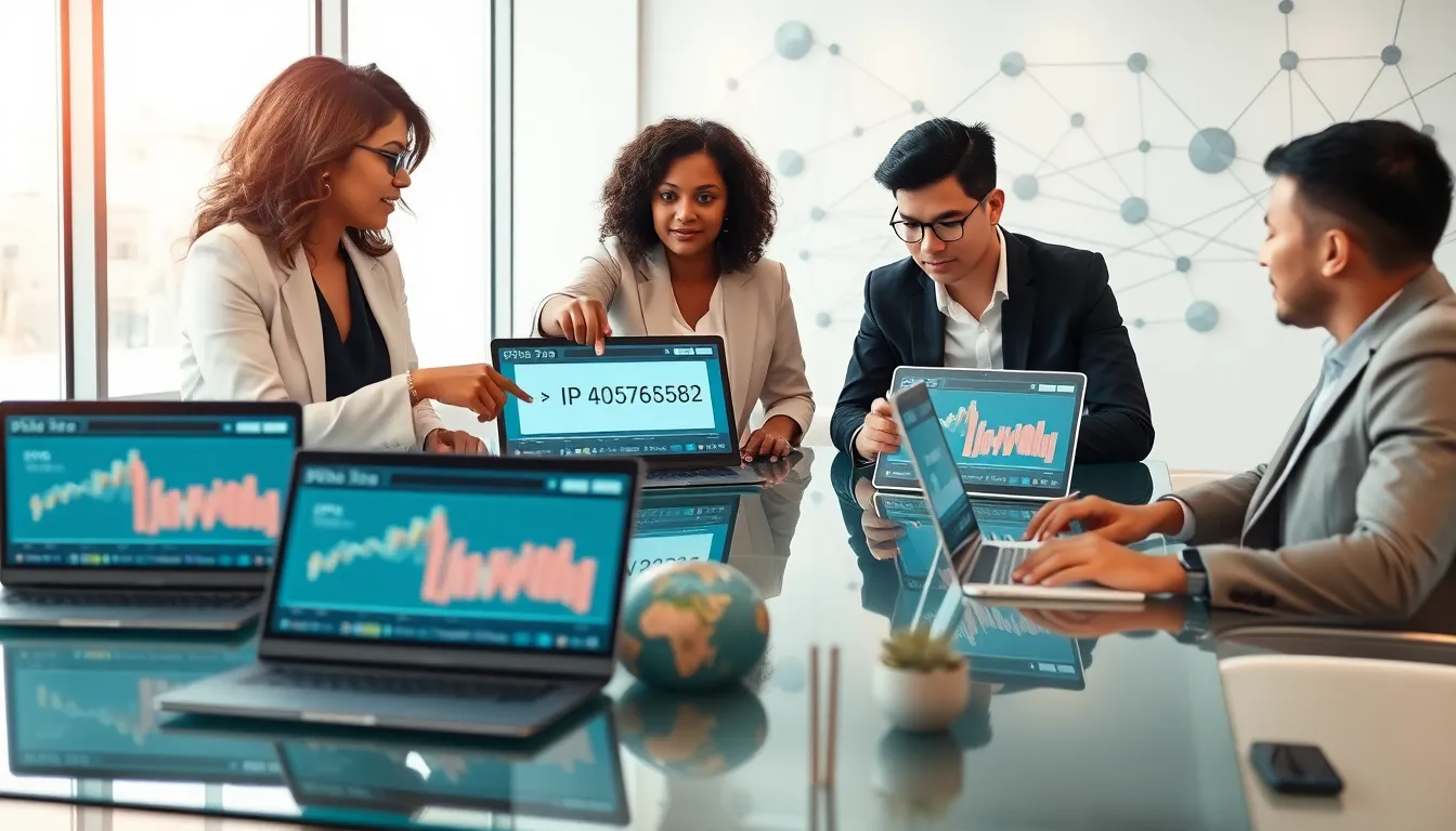 diverse professionals discussing IP addresses in a modern office.