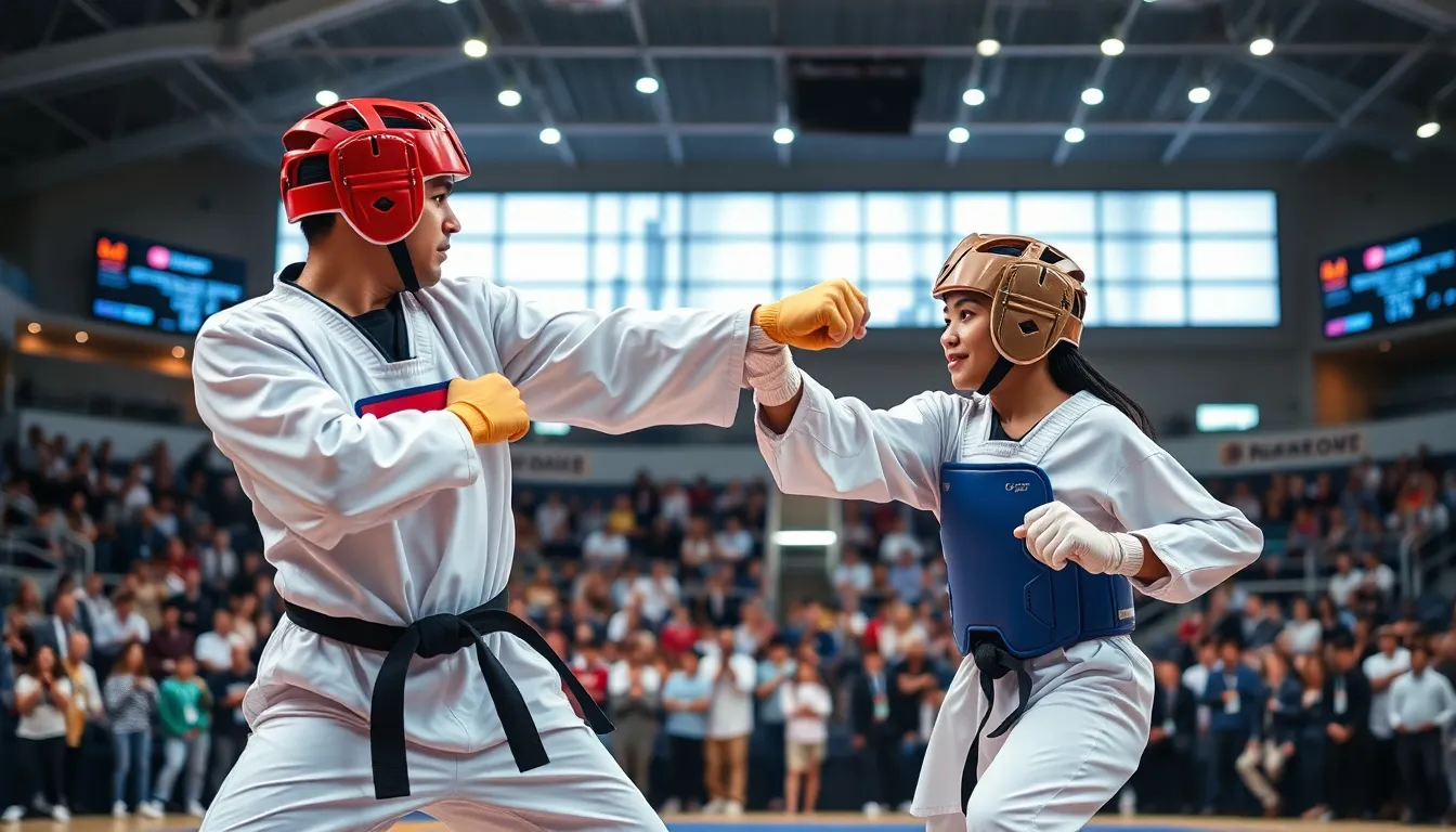 two athletes sparring in a taekwondo bout in a modern arena.