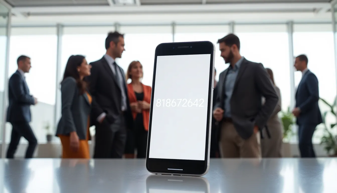 A smartphone displaying the number 8186726442 in a modern office.