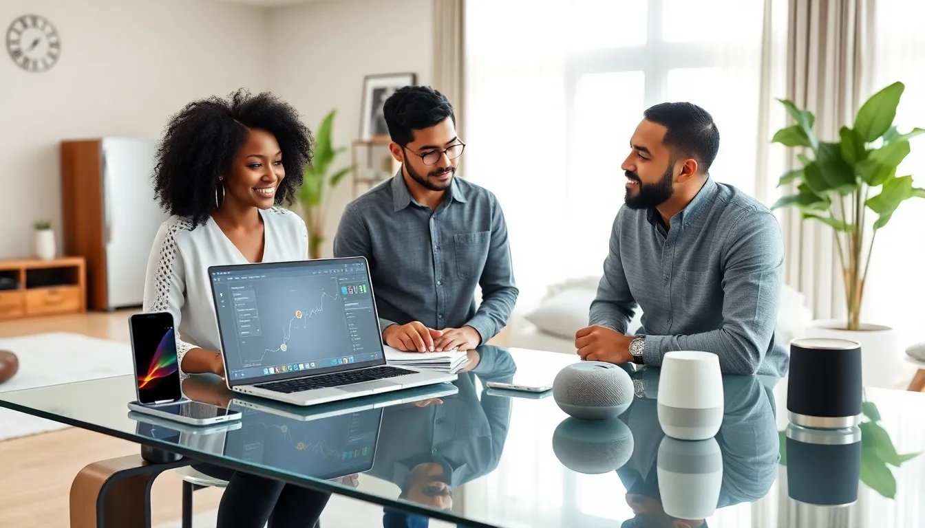 professionals discussing home networking in a modern office setting.