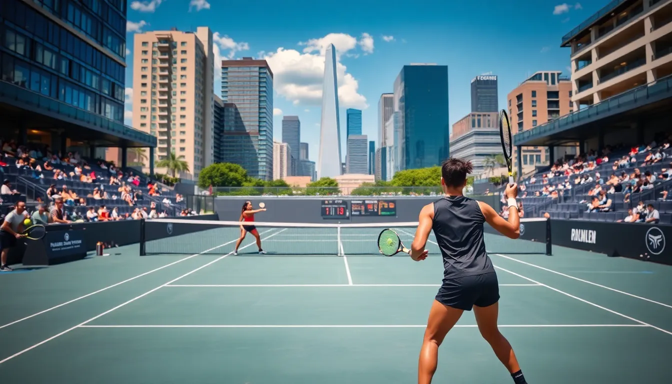 diverse tennis players in a modern urban court setting.