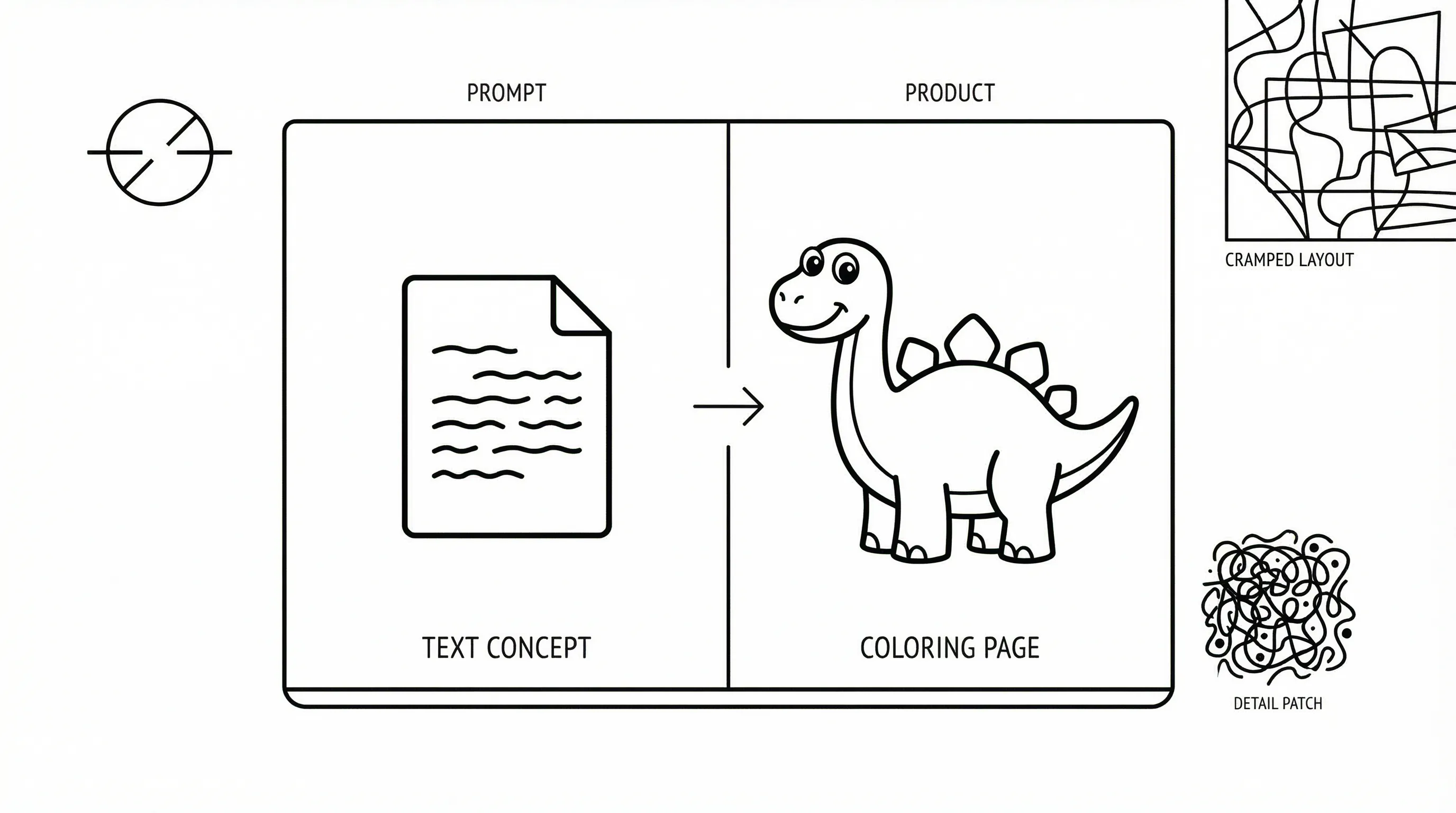 Text prompt turning into a clean coloring page with quality issue symbols.