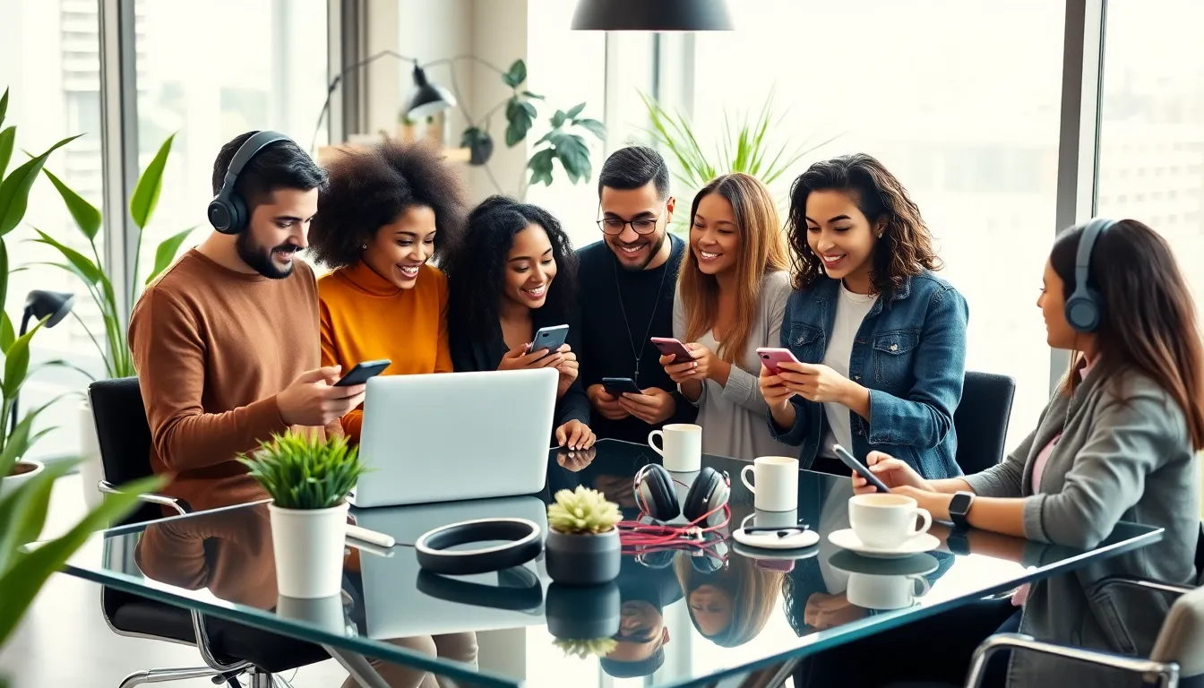 diverse team discussing music in a modern office.