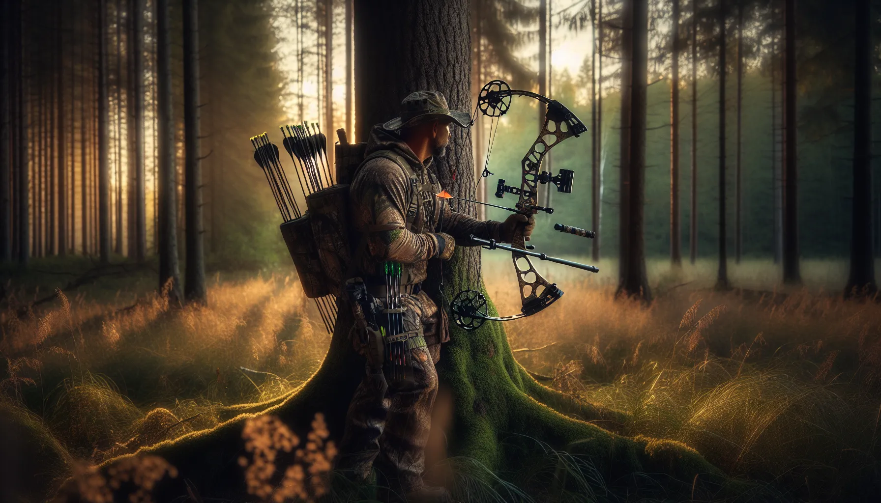 A camouflaged bowhunter in a forest prepares to track game at sunrise.