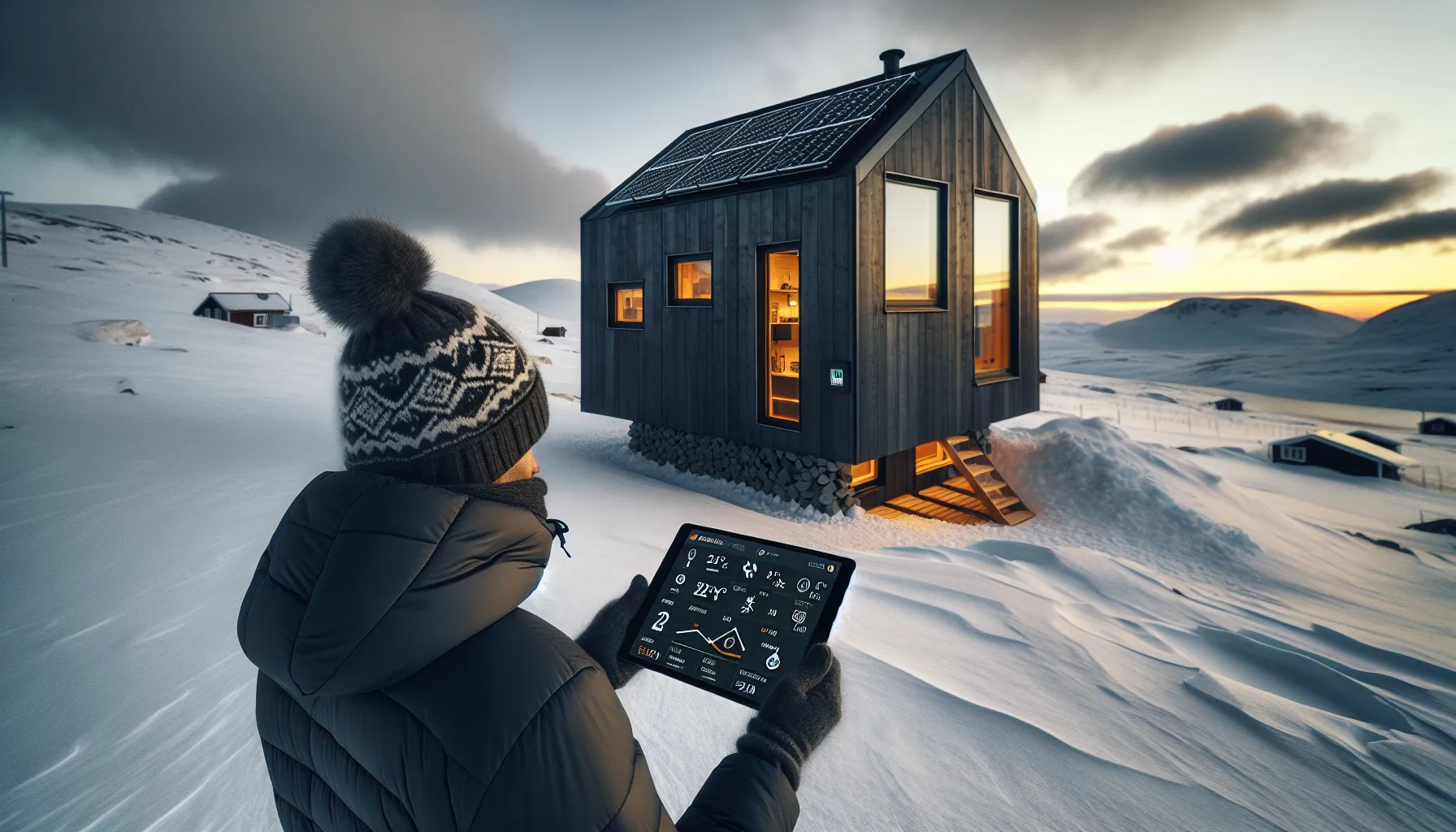 Person planning an energy-efficient norwegian mountain cabin with solar panels in snow.