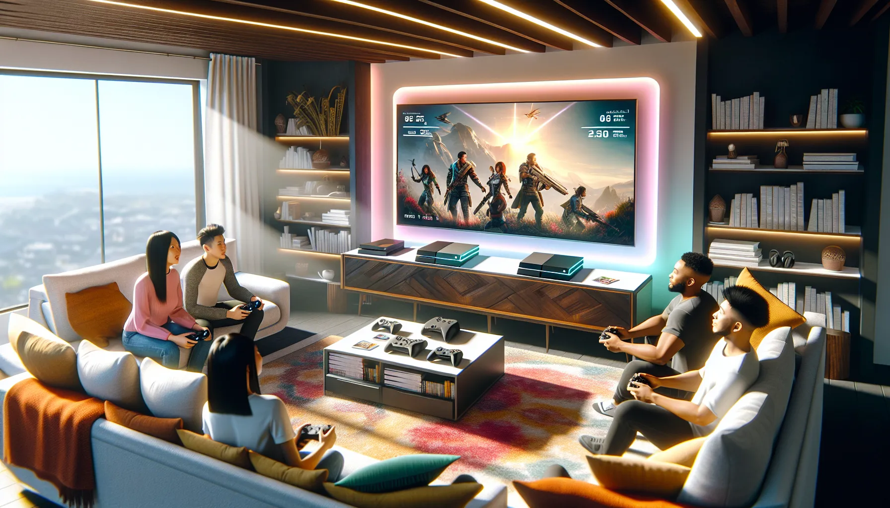 a diverse group of friends enthusiastically playing video games in a modern living room.