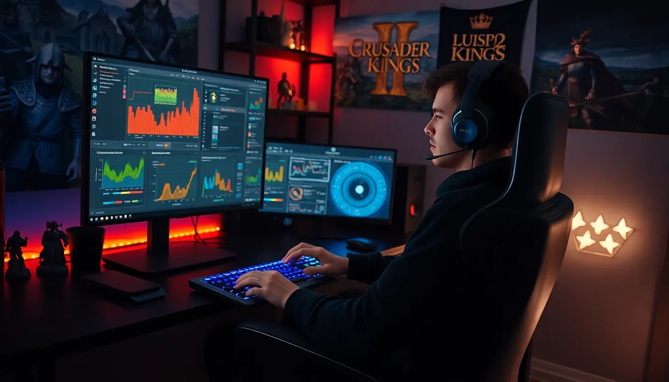 A gamer using CK2Generator on a computer with medieval-themed decor.