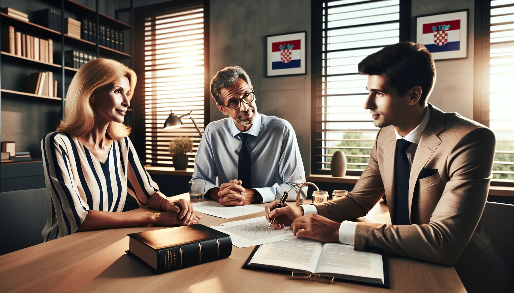 Croatian family discussing legal documents at desk in modern office setting
