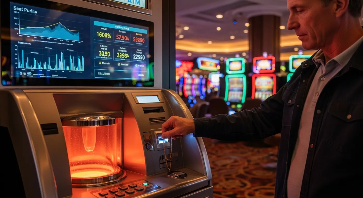 Soon to Vegas: Casino ATMs That Melt Your Gold Jewelry? 2 man inserting gold jewelry into a futuristic gold-melting ATM in a Vegas casino