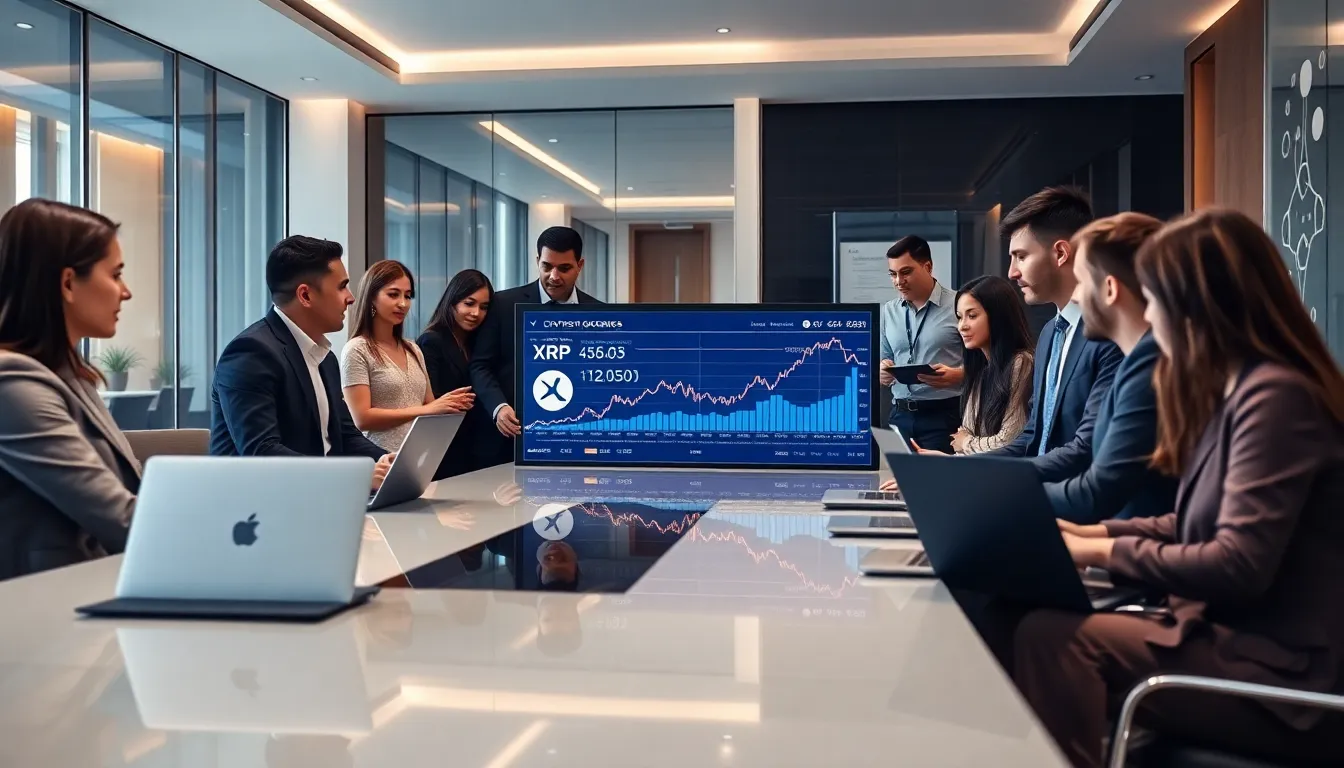 diverse team discussing cryptocurrency trends in a modern office.