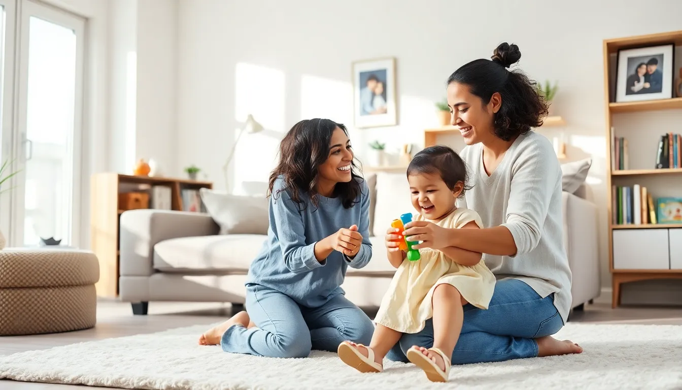 a solo parent playing with their child in a modern living room.