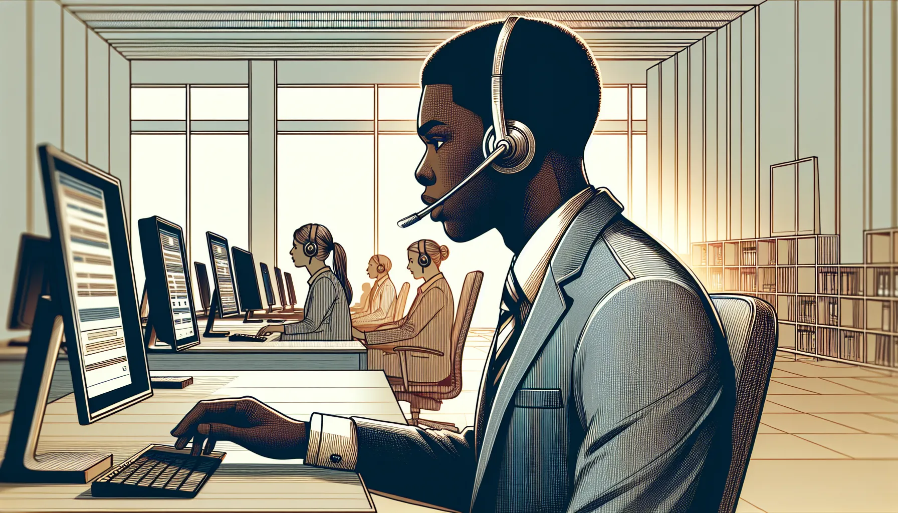 customer service representative discussing toll-free safety in a modern office.