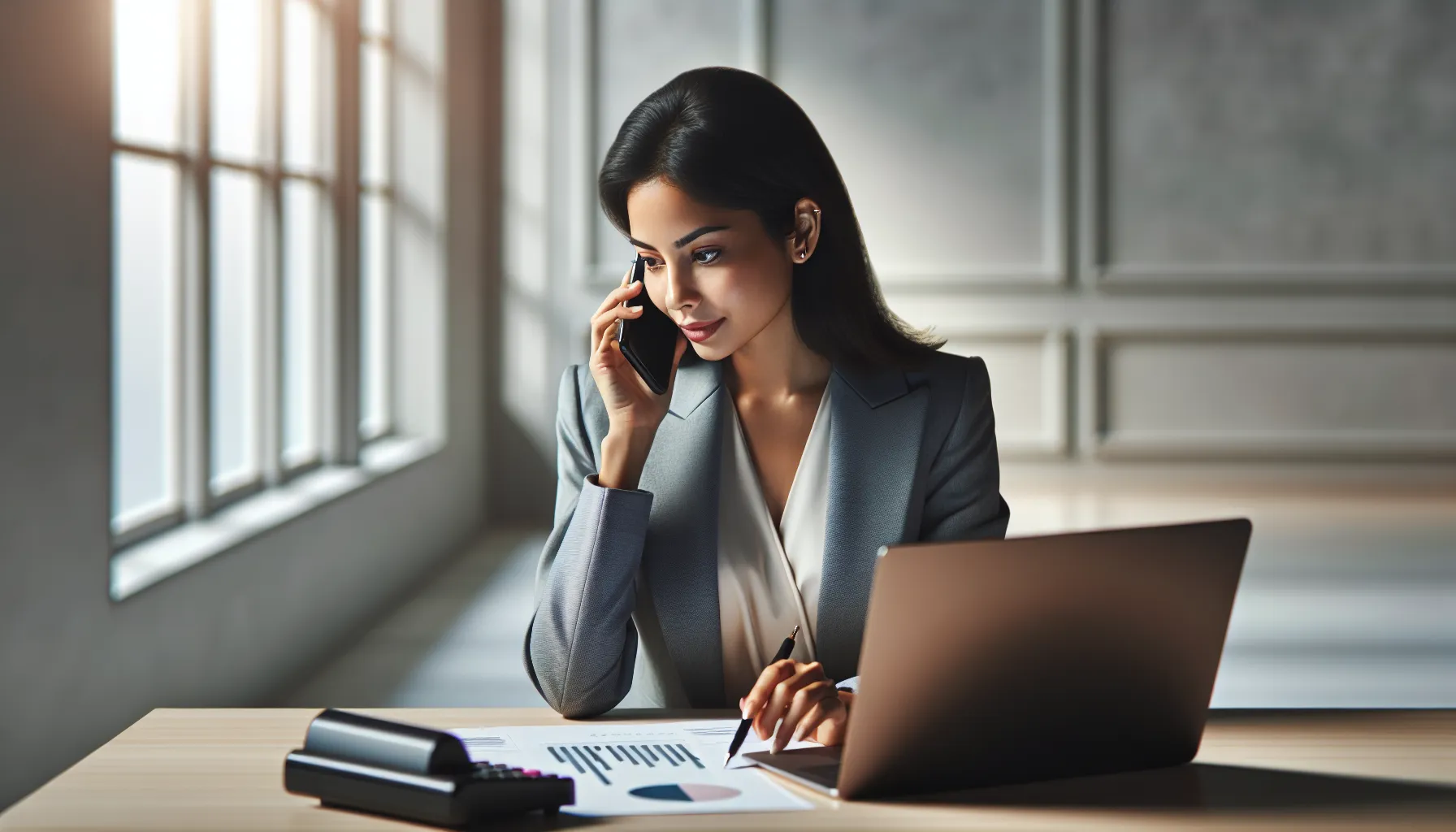 Person in an office checking a smartphone for scam calls.