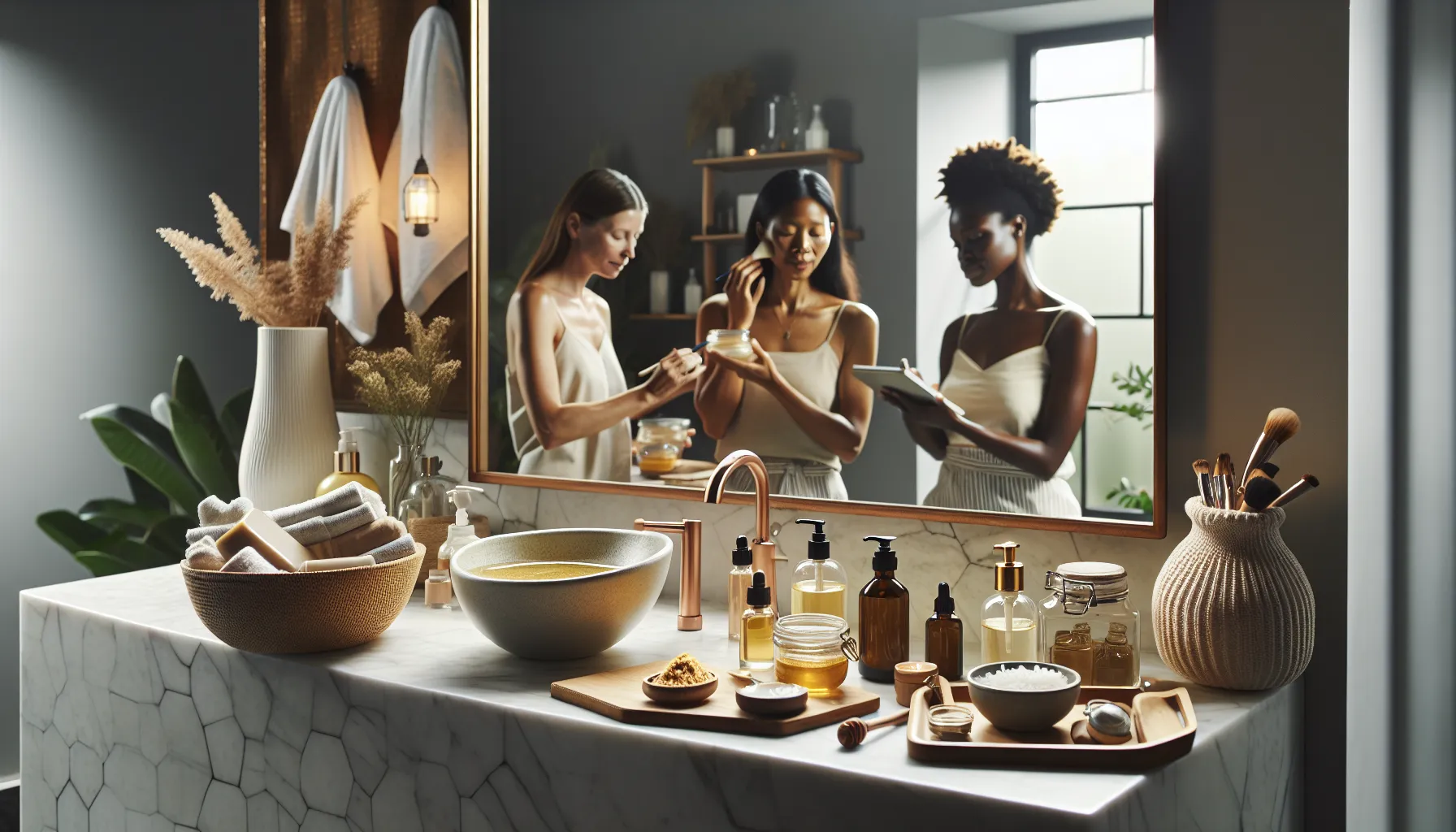 Diverse women discussing skincare in a modern bathroom setting.