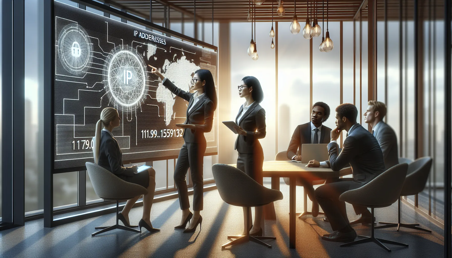 diverse team discussing IP addresses in a modern office setting.