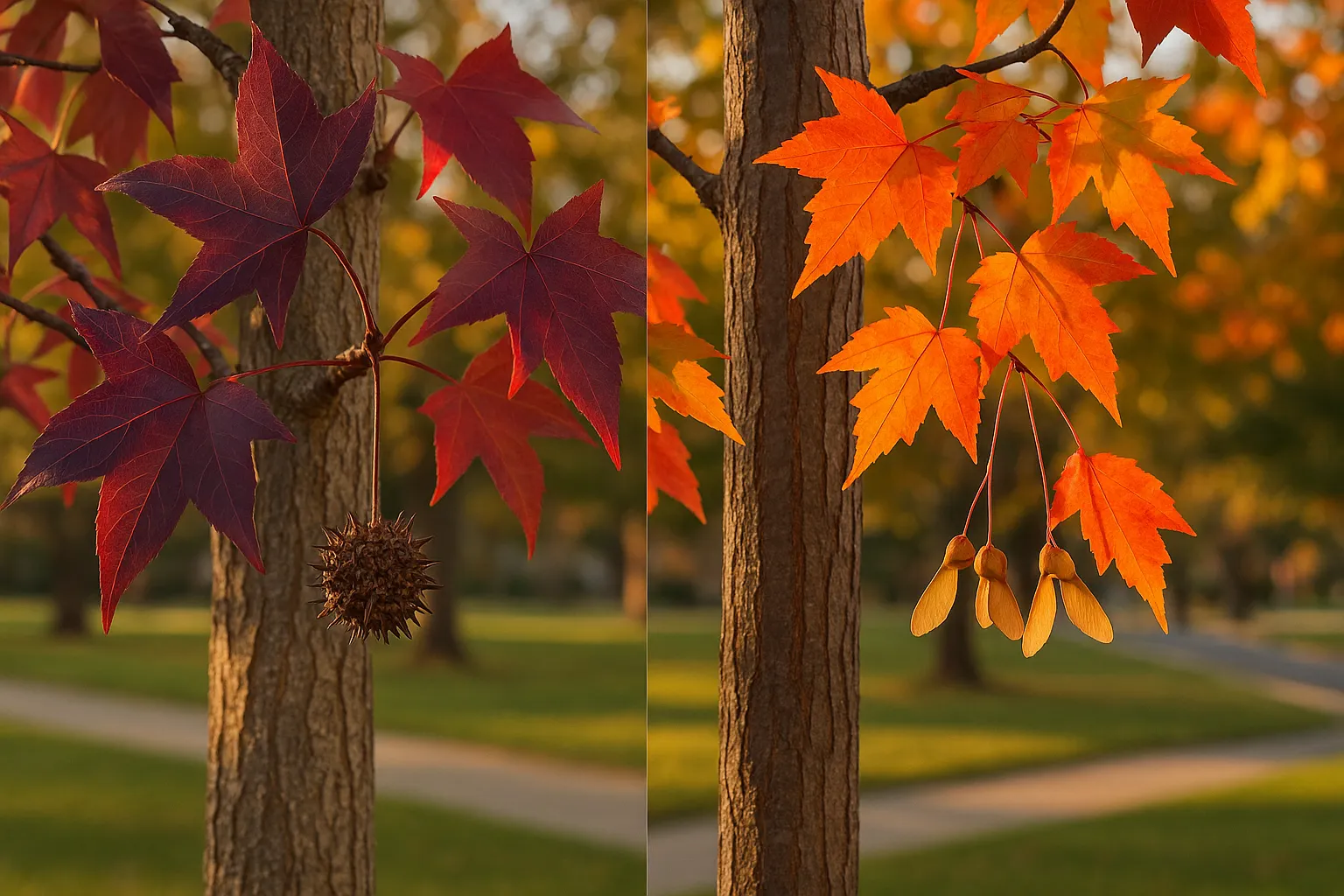 Side-by-side sweetgum and red maple branches showing leaves and seeds