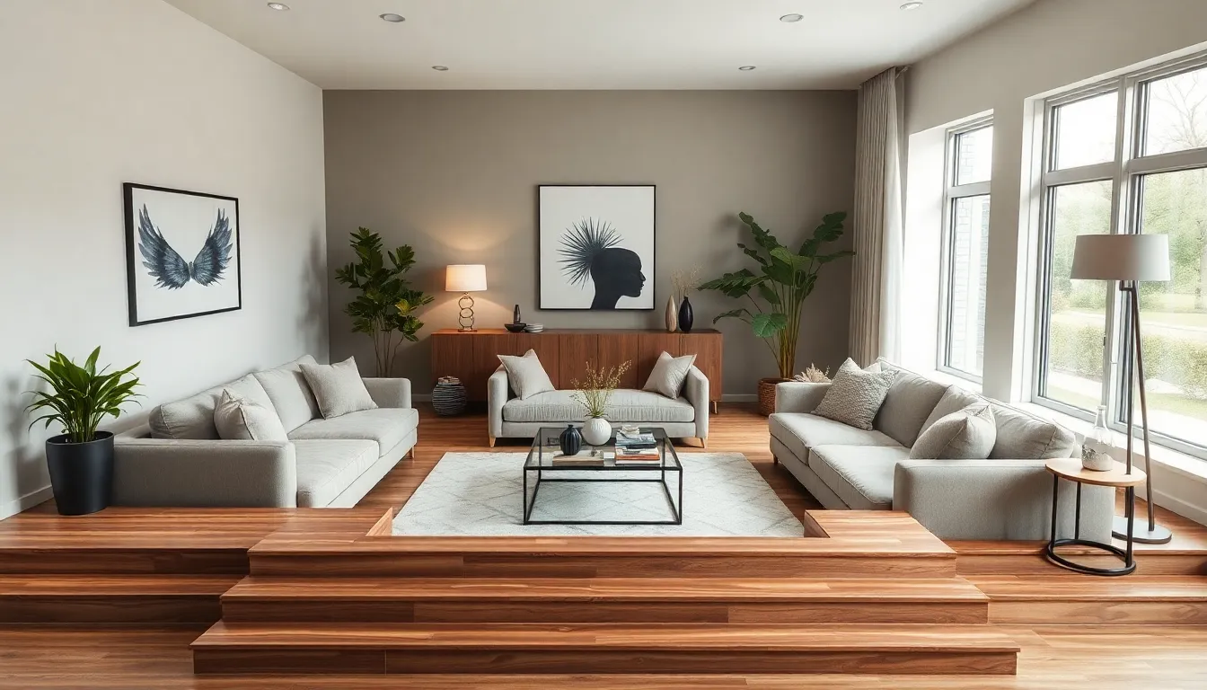 A cozy sunken living room with modern furniture and large windows.
