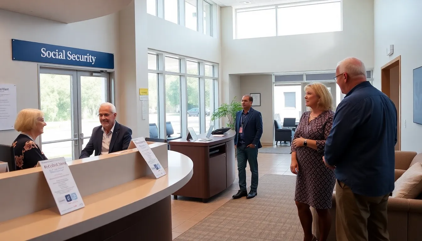 Social Security office interior with staff assisting diverse clients.