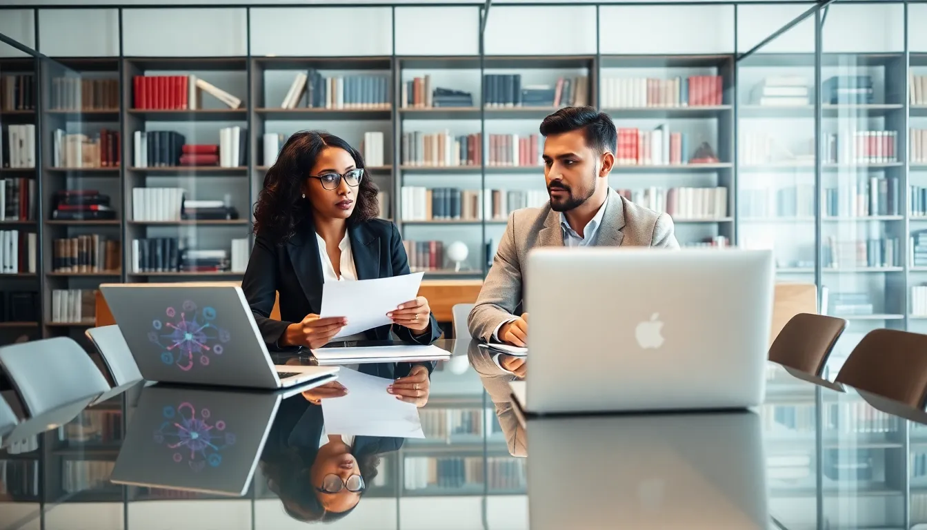 diverse professionals discussing legal matters in a modern office setting.