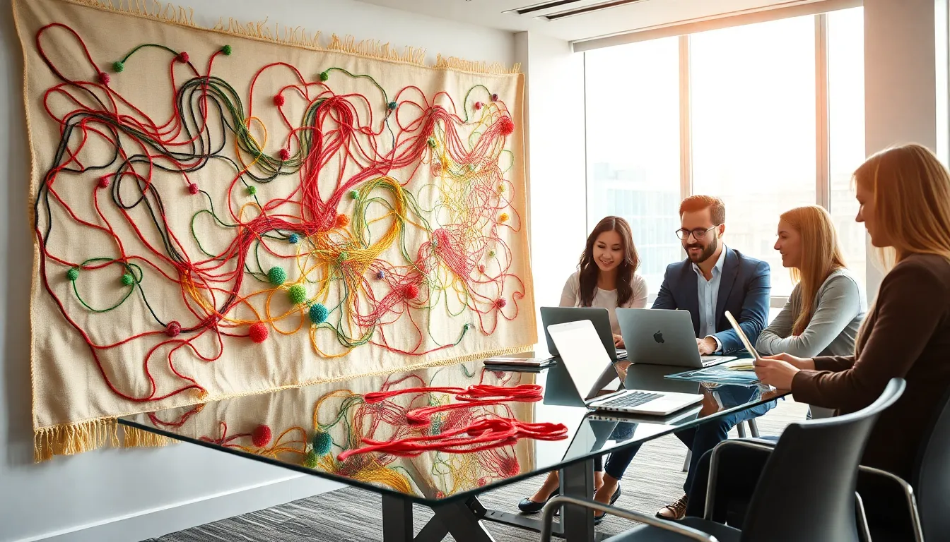 diverse professionals discussing a colorful tapestry of ideas in an office.
