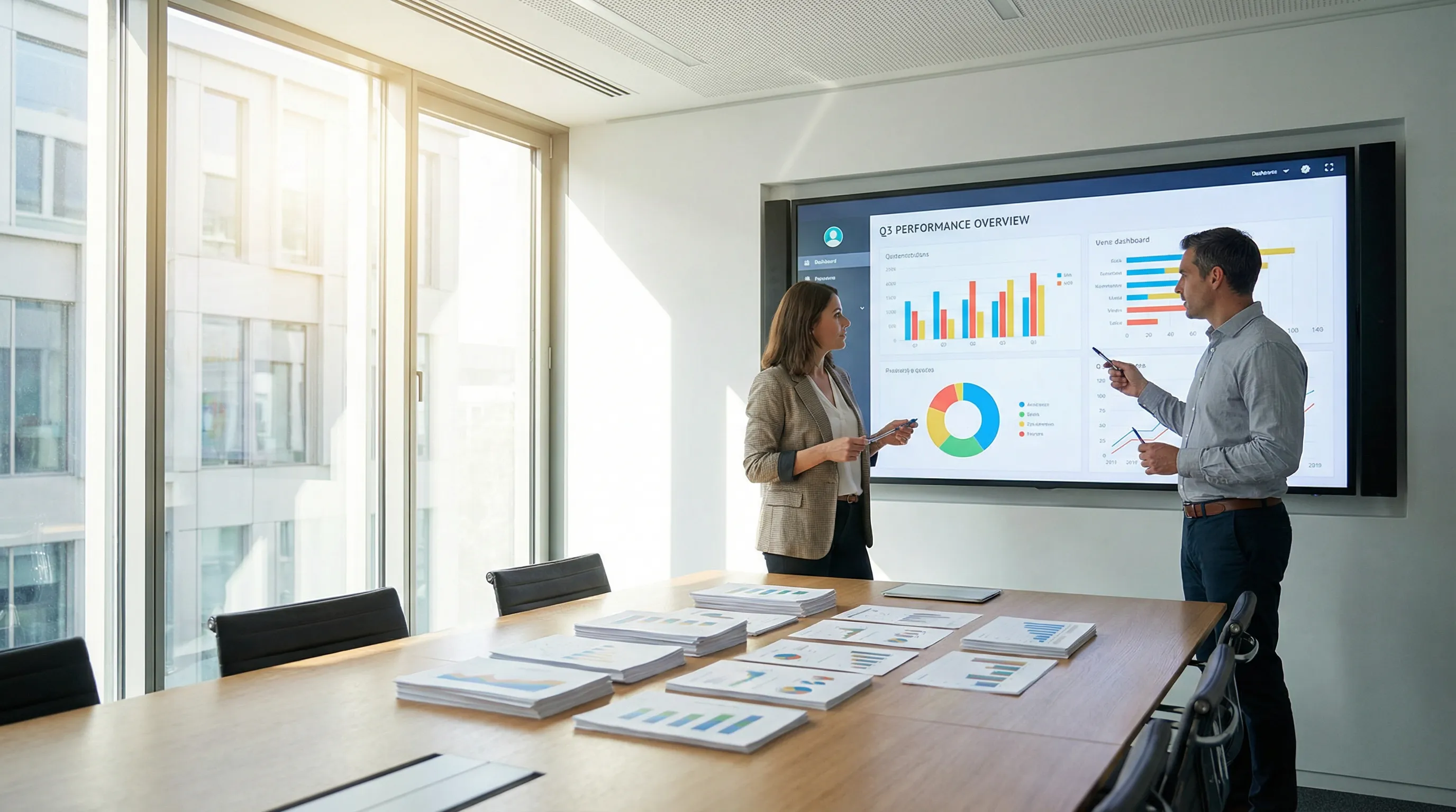 Business owner and marketer in a conference room reviewing easy-to-read performance charts on a large screen and printed reports.