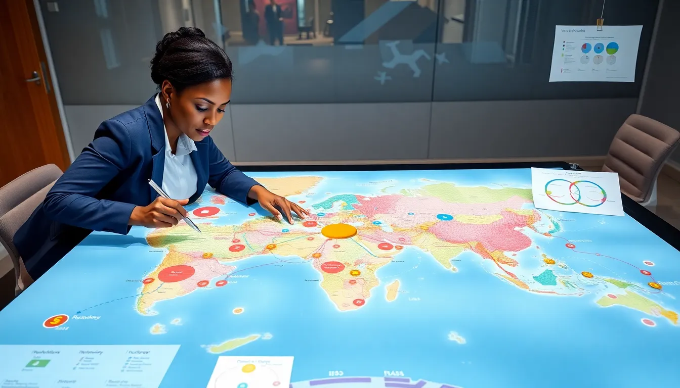 Analyst pointing at a detailed industry map on a touchscreen conference table.